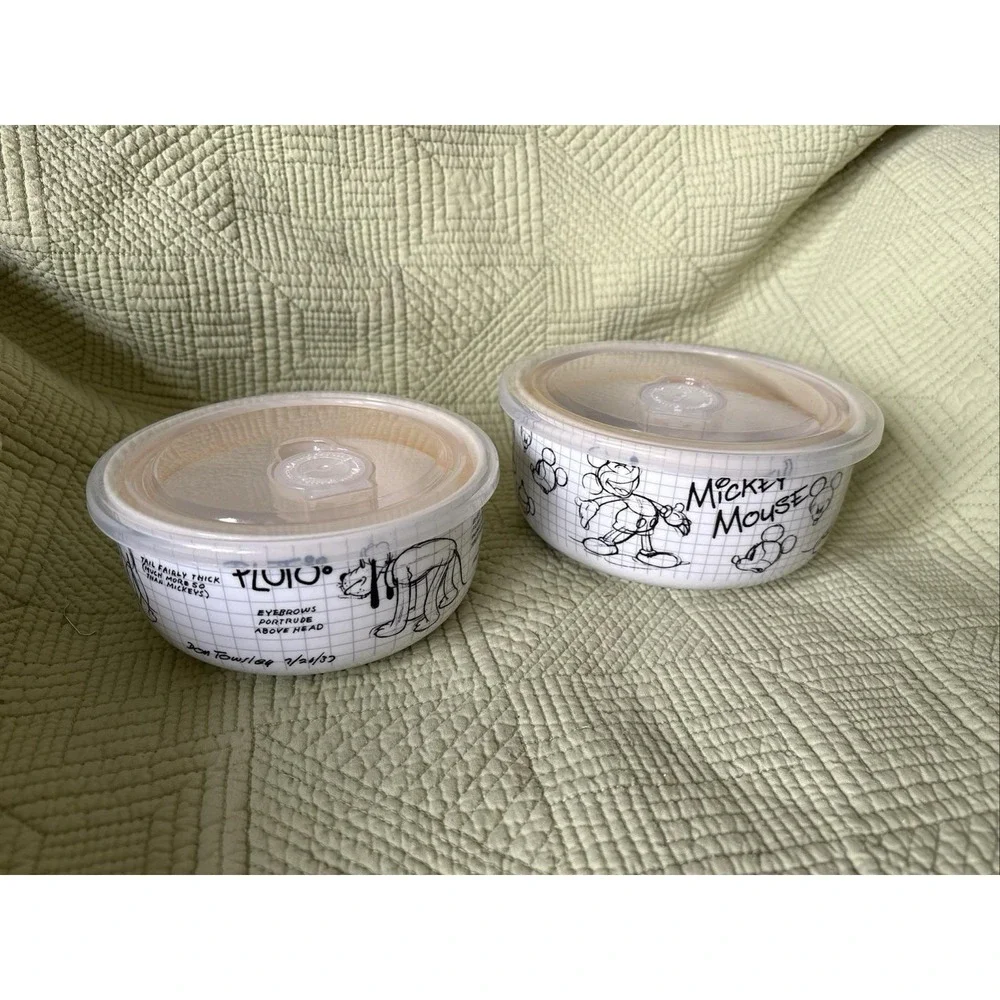 Disney Sketchbook Mickey Mouse & Pluto Ceramic Storage Bowls Containers w/Lids